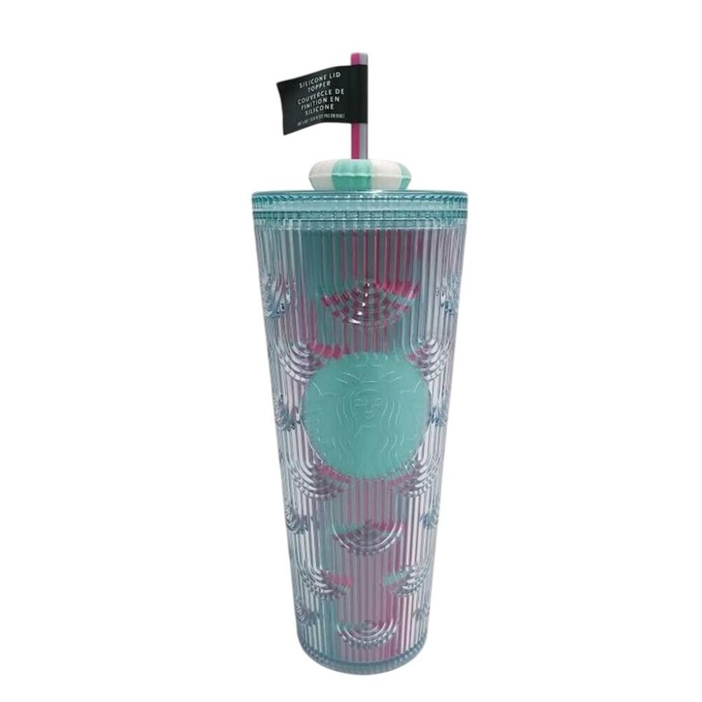 Starbucks Summer 24 Oz Tumbler Silicone Lid Topper & Straw Textured Aqua & Pink
